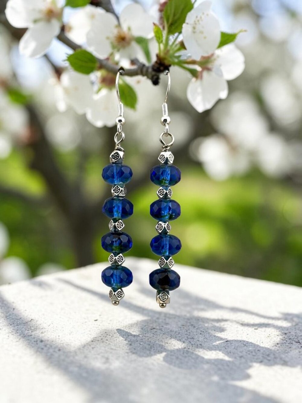 Czech Bohemian Glass Earrings Cobalt Blue Sterling Silver Long Dangle